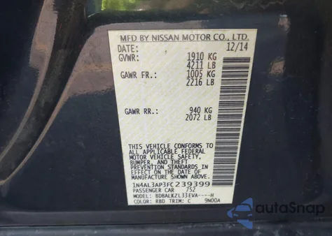 2015 Nissan Altima 2.5 Sv z USA, uszkodzony, nr VIN 1N4AL3AP3FC239399